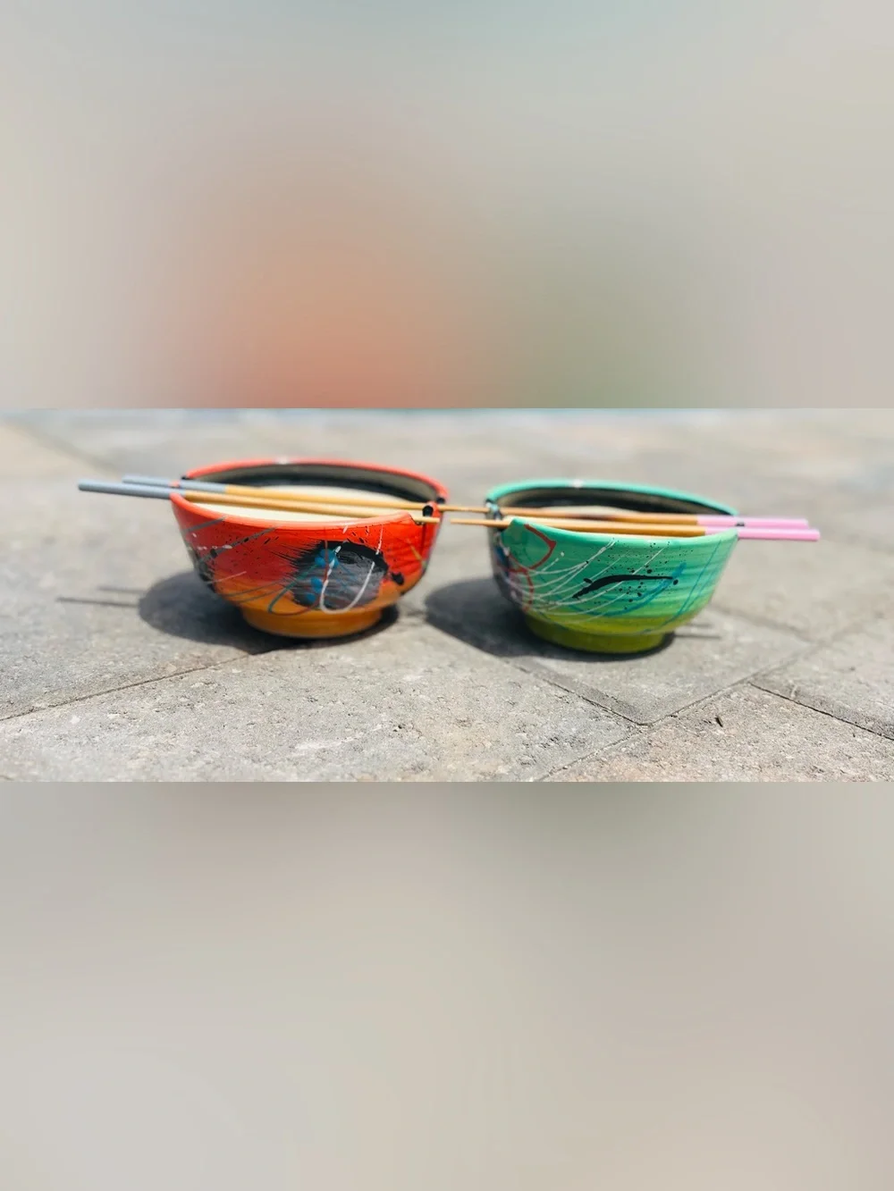 Handmade Ramen Bowl Set — Teal & Red, Artist Signe